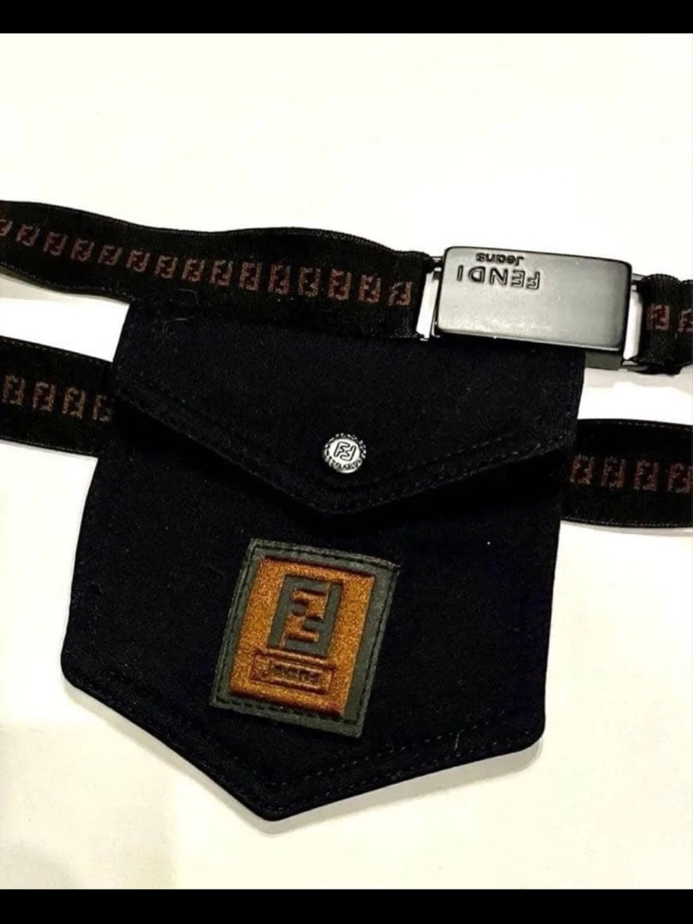 Fendi Black Canvas Belt Bag with Brown Logo Patch and Branded Strap
